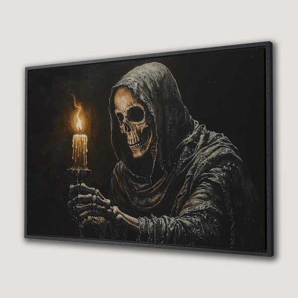 Canvas Print featuring a hooded skeleton holding a candle. Dark, gothic art style with a warm, golden and black color palette. Add a touch of macabre to your decor!