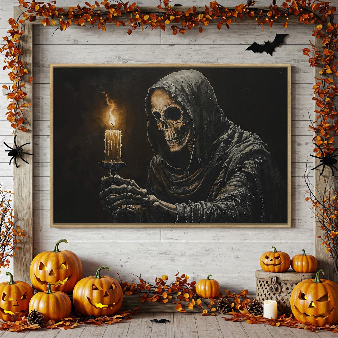 Framed Wall Art featuring a spooky Grim Reaper with candle, dark and moody color palette, perfect for Halloween decor.