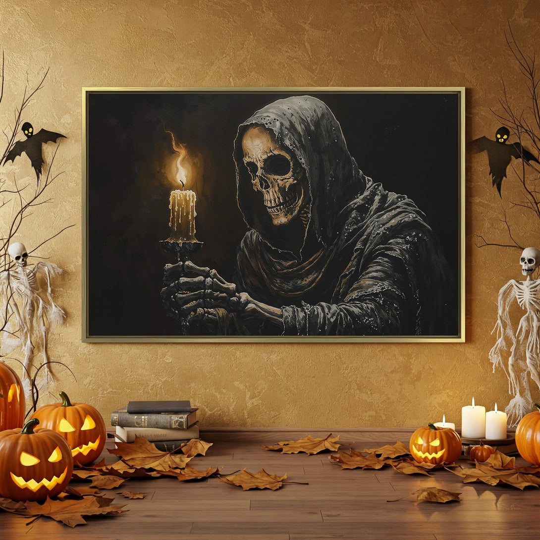 Canvas Print of a spooky skeleton holding a candle. Dark, gothic style with a Halloween color palette of black, orange, and grey. Perfect for Halloween decor!