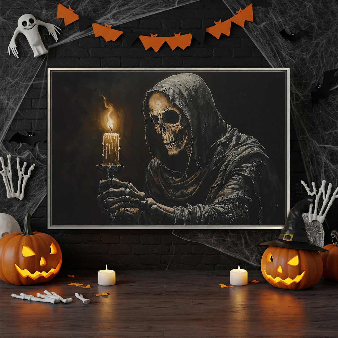 Framed Wall Art: Spooky Halloween artwork of a hooded skeleton holding a candle. Dark, moody color palette with orange and black accents. Perfect for Halloween decor.