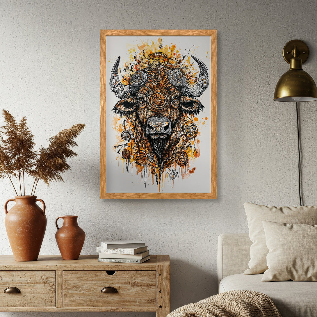 Framed Poster featuring a detailed bull illustration in a watercolor style with a warm orange and brown color palette. Perfect wall art!