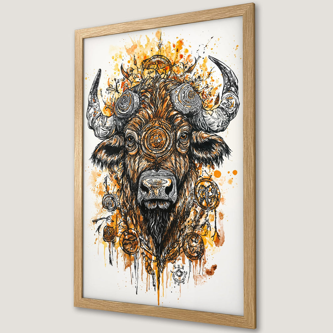 Framed Poster featuring a detailed bull illustration in a watercolor style with orange and black tones. Perfect art for your home!