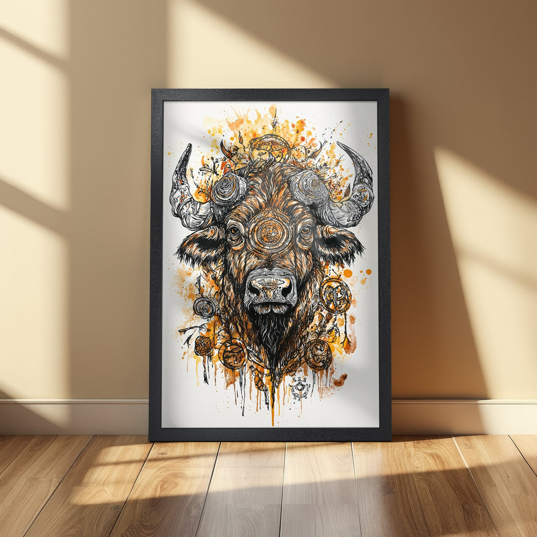 Framed Poster featuring a detailed bull illustration in a watercolor style with orange and brown tones. Perfect wall art!