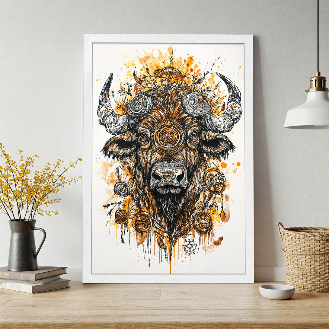 Framed Poster featuring a detailed bull illustration in black, orange, and white watercolor style. Perfect wall art!
