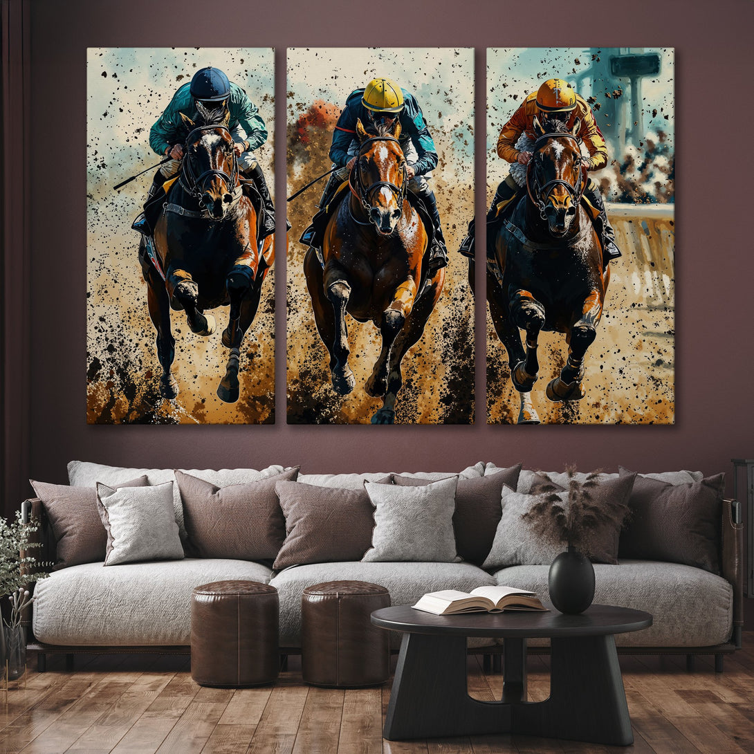 Triptych Canvas Print of racehorses in action, vibrant colors. Modern equestrian art for home decor. Brown, beige, and blue color palette.