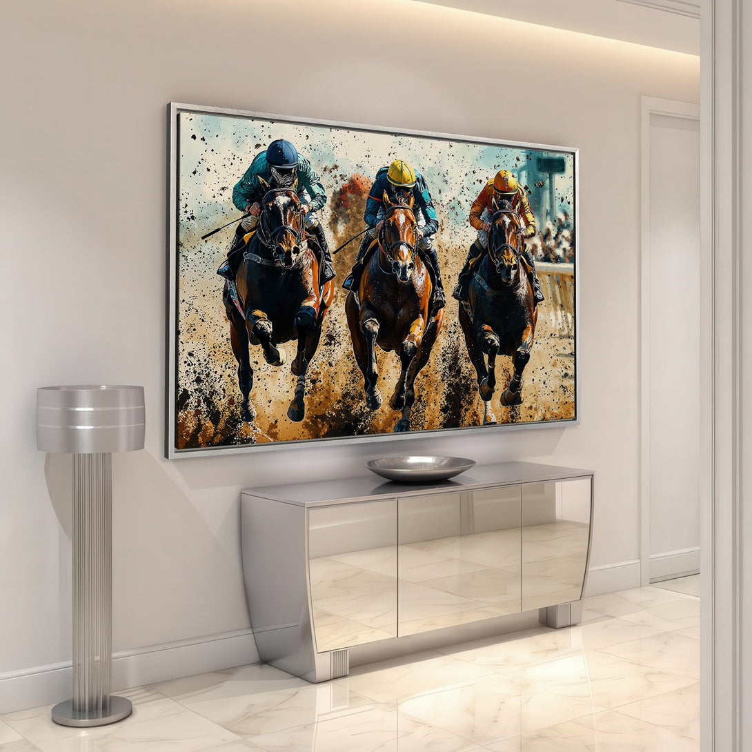 Framed Wall Art: Dynamic horse racing scene in a modern interior. Featuring vibrant colors and a dramatic, action-packed style. Perfect for home decor.