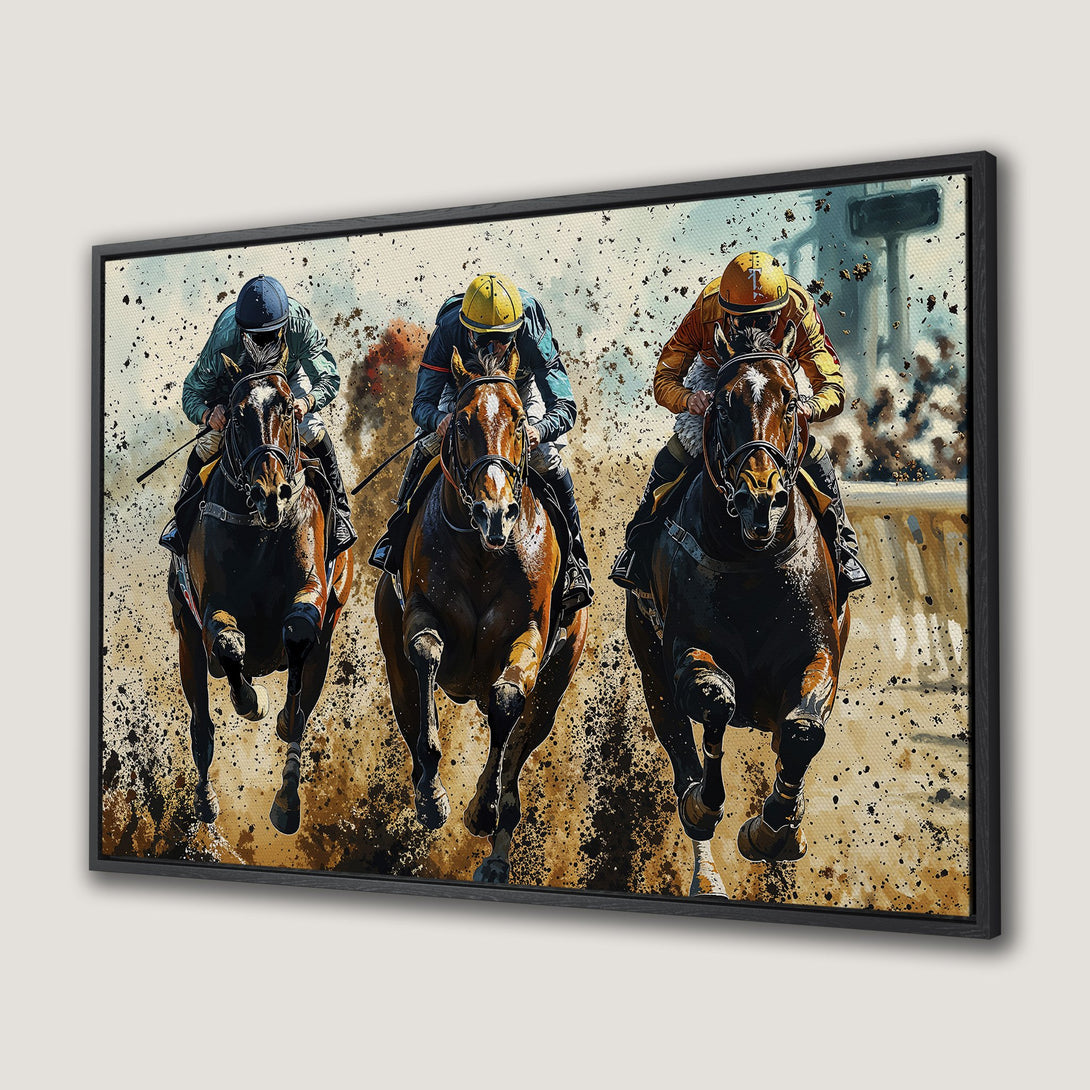 Framed Wall Art: Dynamic horse racing scene in a vibrant, painterly style. Earthy tones with pops of color create a stunning focal point for any space.