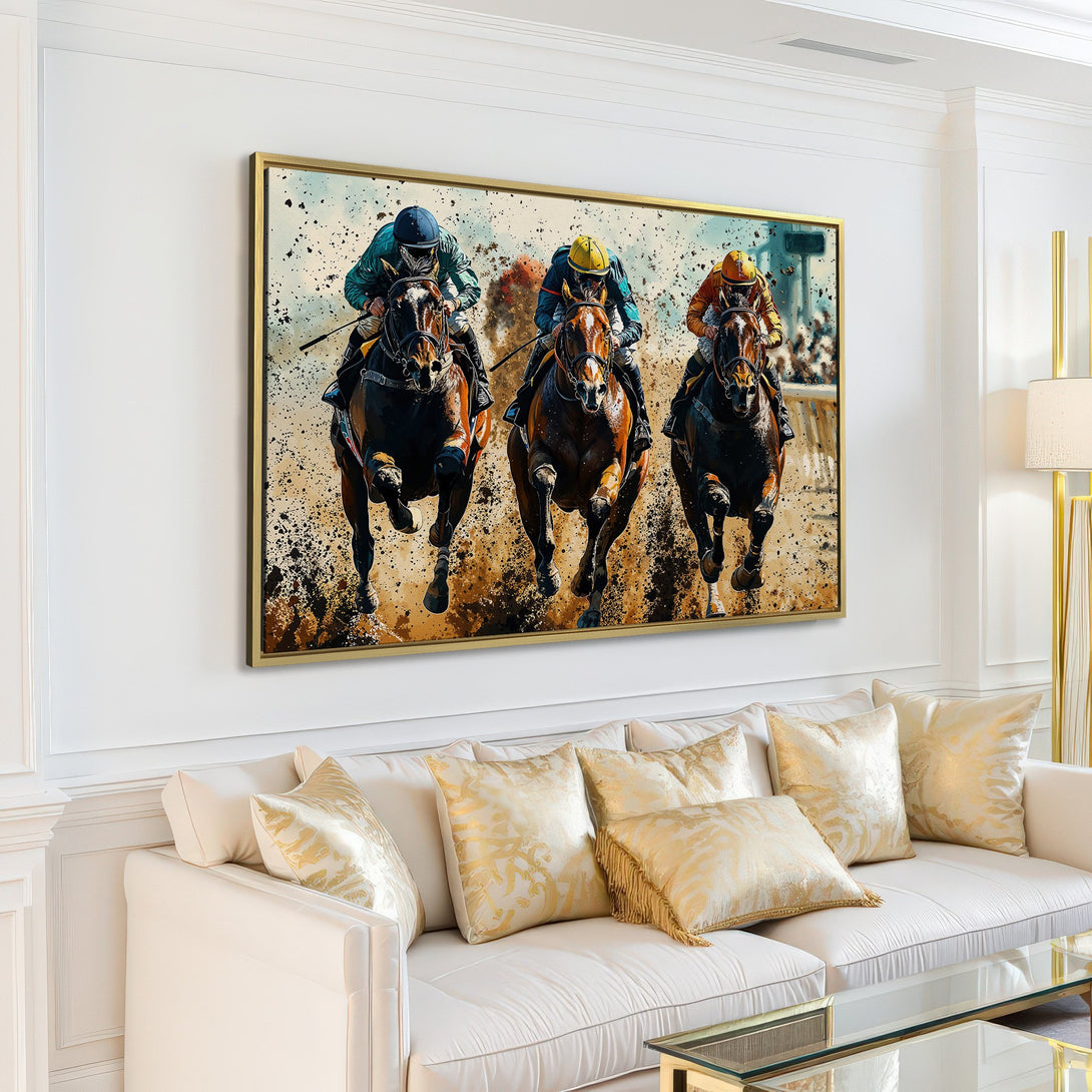 Canvas Print of racehorses in action. Dynamic artwork with a neutral and earthy color palette. Perfect for modern home decor.