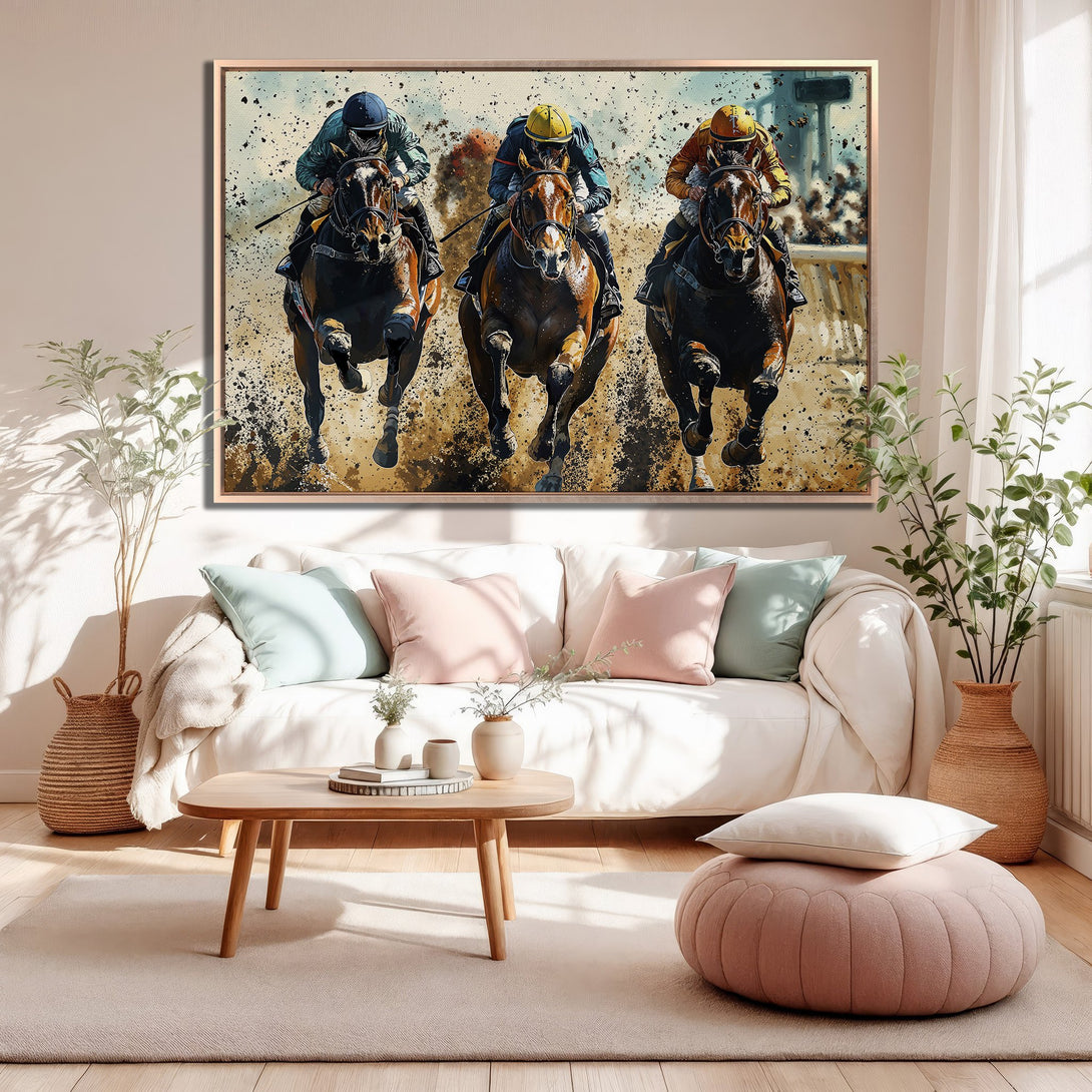 Framed Wall Art: Dynamic horse racing scene in warm tones. Modern canvas print with bold brushstrokes, perfect for adding a touch of energy to your home decor.