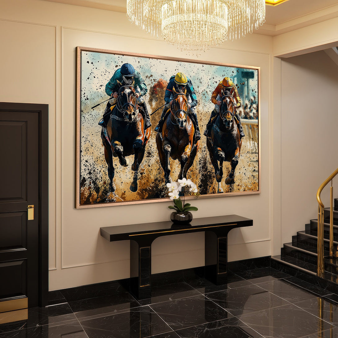 Framed Wall Art: Dynamic horse racing scene in a modern interior. Brown, blue, and yellow color palette. Elevate your space with this stunning artwork.