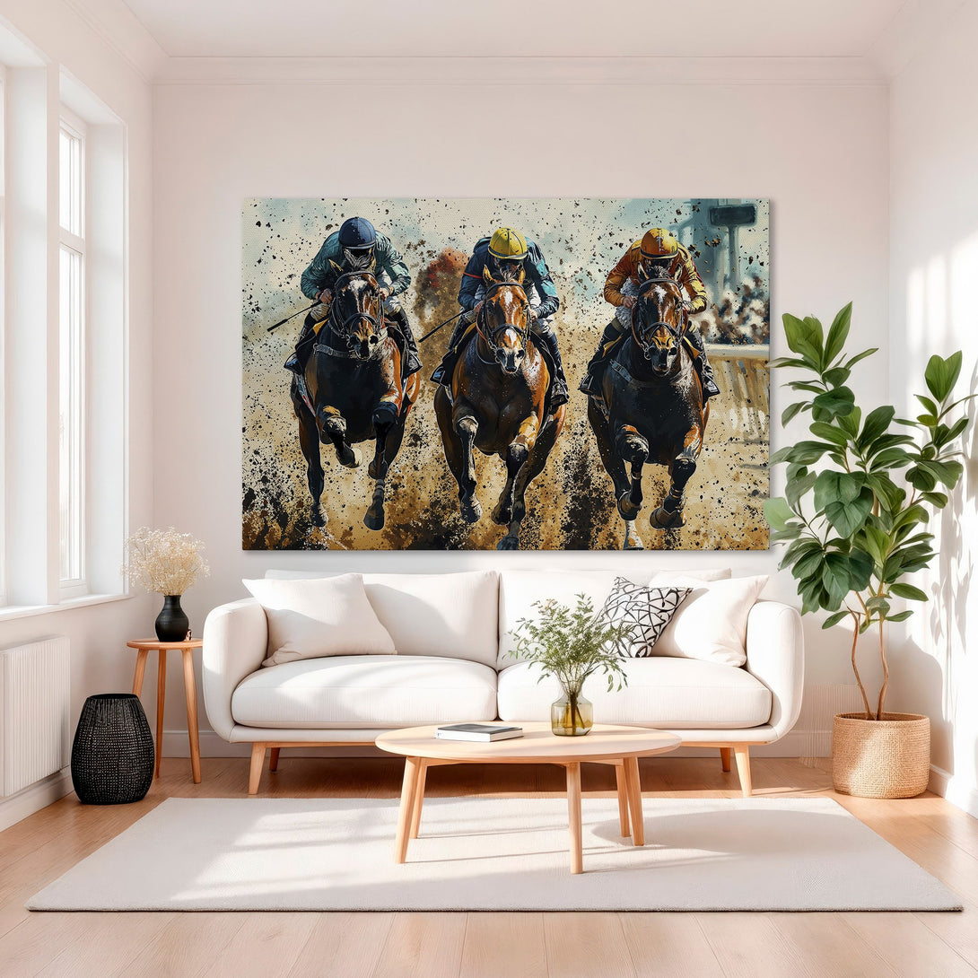 Framed Wall Art: Dynamic horse racing scene in warm earth tones. Modern art canvas print adds a touch of elegance to any interior.