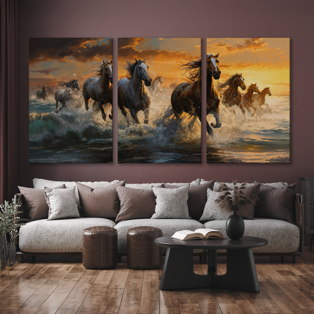 Canvas Print of running horses in a sunset scene. Dramatic art with warm orange and brown tones. Perfect for living room decor.