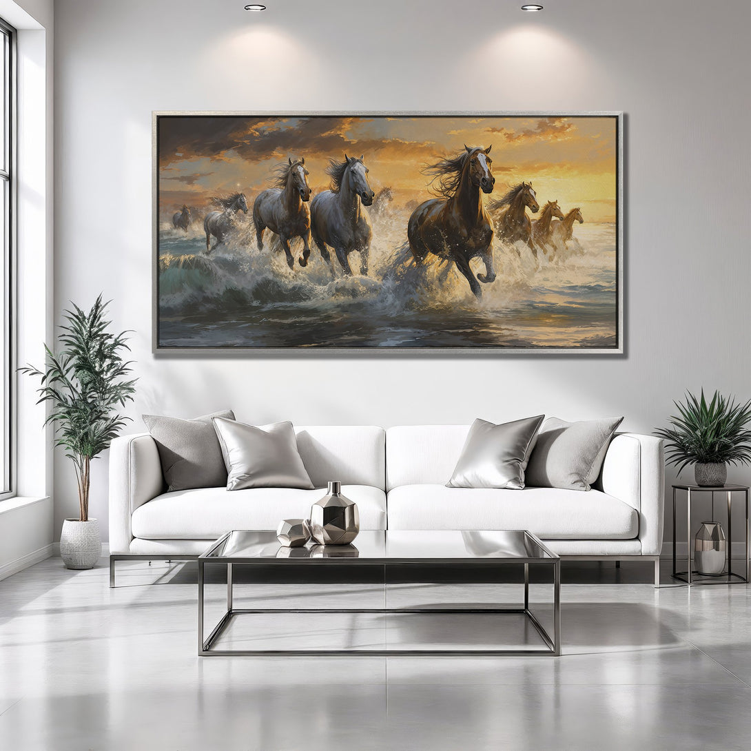 Framed Wall Art: Majestic horses running through water. Stunning warm sunset color palette. Perfect for living room decor.