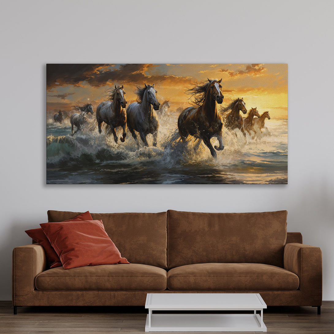 Framed Wall Art: Majestic horses running through water. Warm, sunset color palette. Perfect for living rooms. Add a touch of elegance to your home decor!