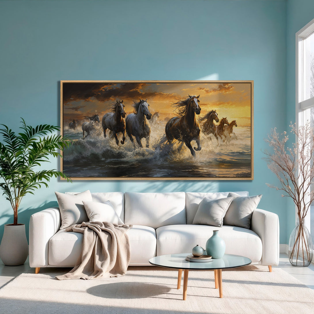 Framed Wall Art: Majestic horses running through water, warm sunset hues. Stunning canvas print adds a touch of nature and elegance to any room.