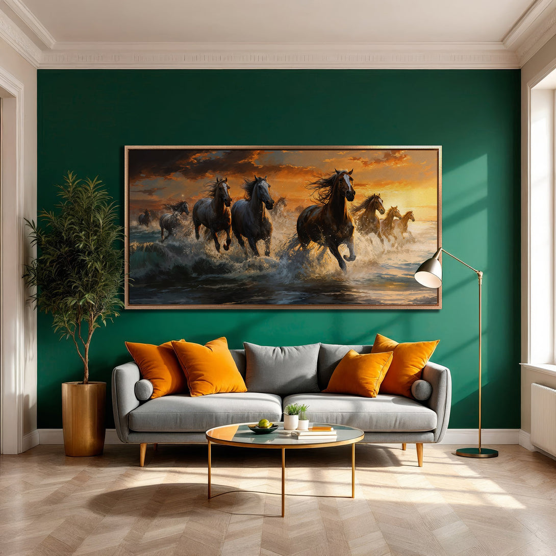 Framed Wall Art: Majestic horses running through water, sunset colors. Dramatic artwork for your home. Warm orange and blue tones.