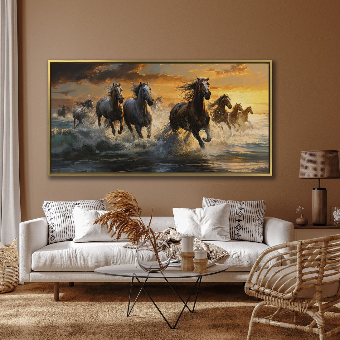 Canvas Print of horses running in the ocean. Dramatic art with a warm, golden color palette. Perfect wall decor for any space.