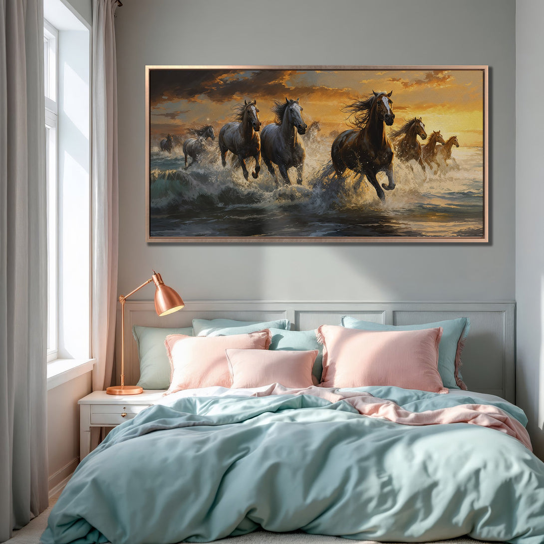 Framed Wall Art: Stunning canvas print of horses running through water. Warm sunset color palette adds a touch of elegance to any bedroom decor.