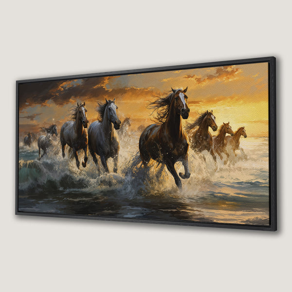 Canvas Print of horses running in water, vibrant sunset colors. Dramatic art for home decor.