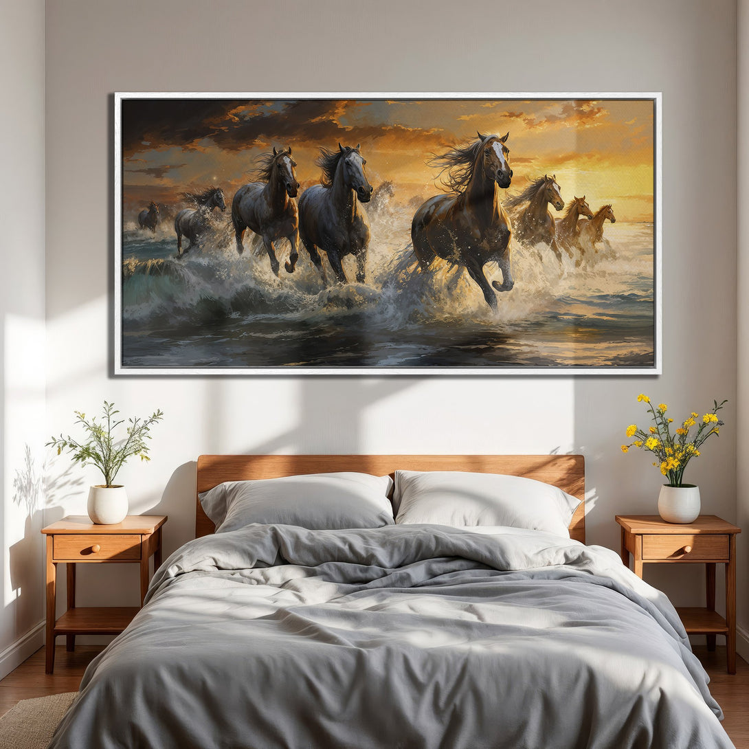 Framed Wall Art: Majestic horses running through water. Dramatic art with warm sunset colors. Perfect for bedroom decor.