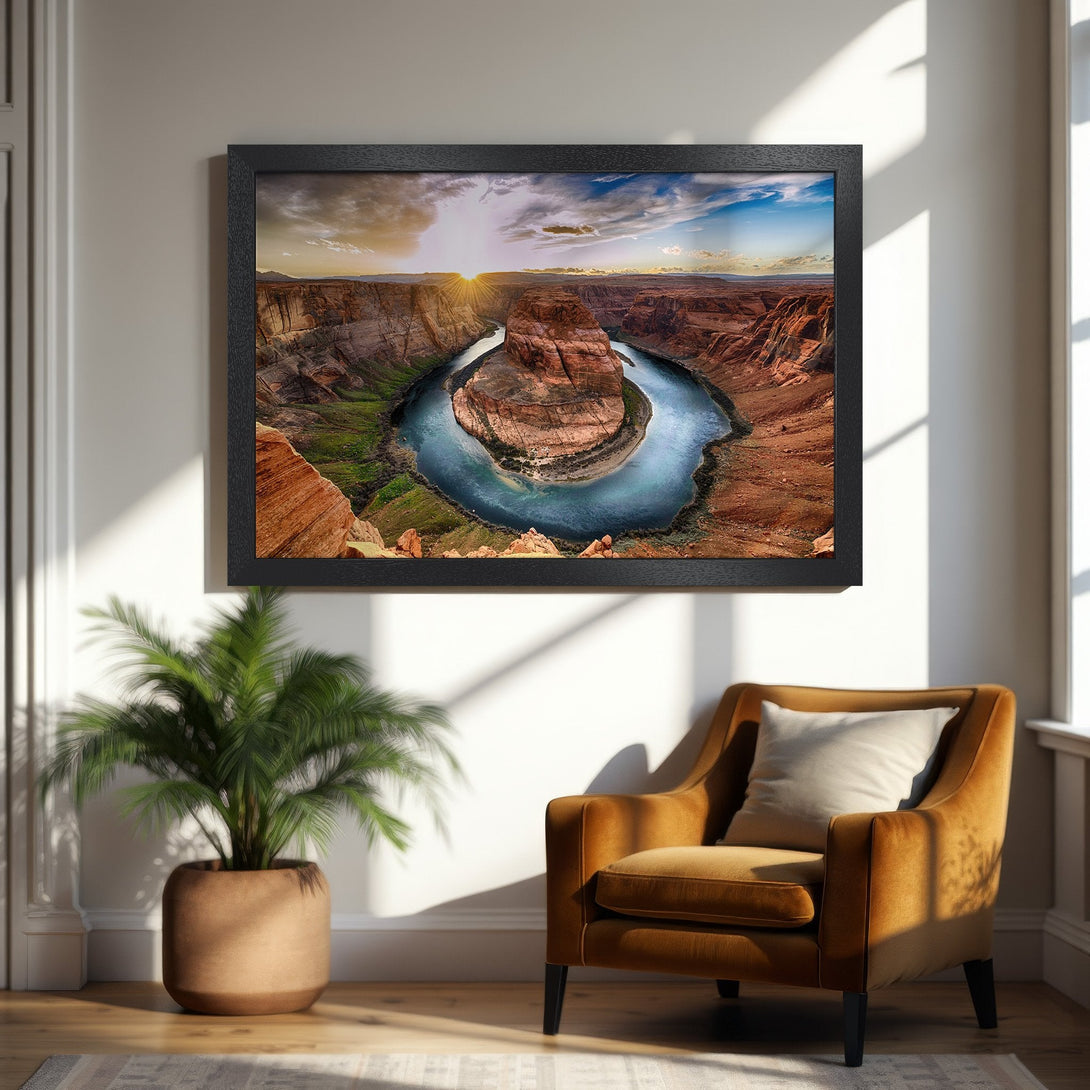 Framed Poster of Horseshoe Bend landscape. Earthy tones of red rock, blue water, and golden sunset. Perfect wall art.