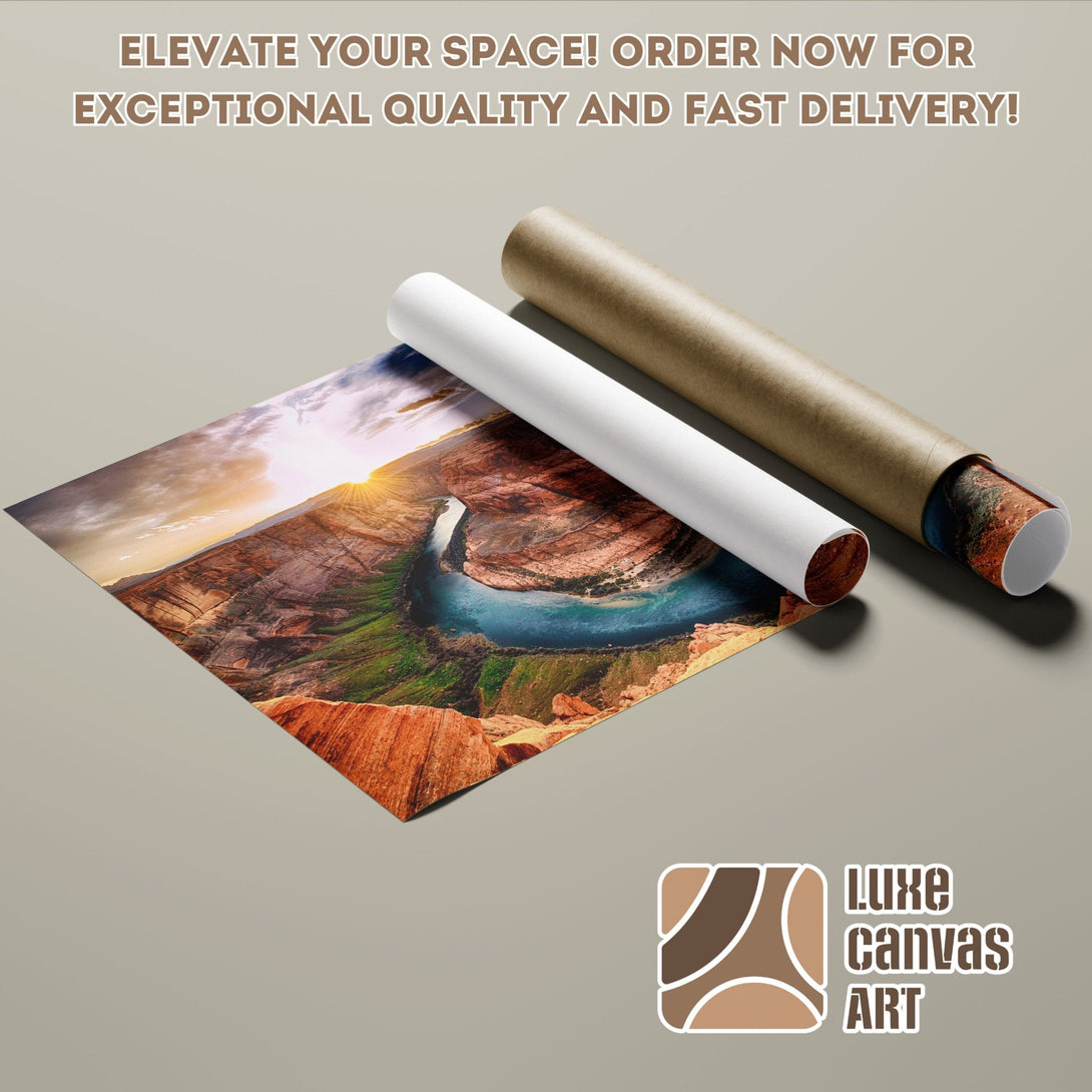 Poster Roll featuring a scenic landscape with warm earth tones and vibrant blues. Order now!