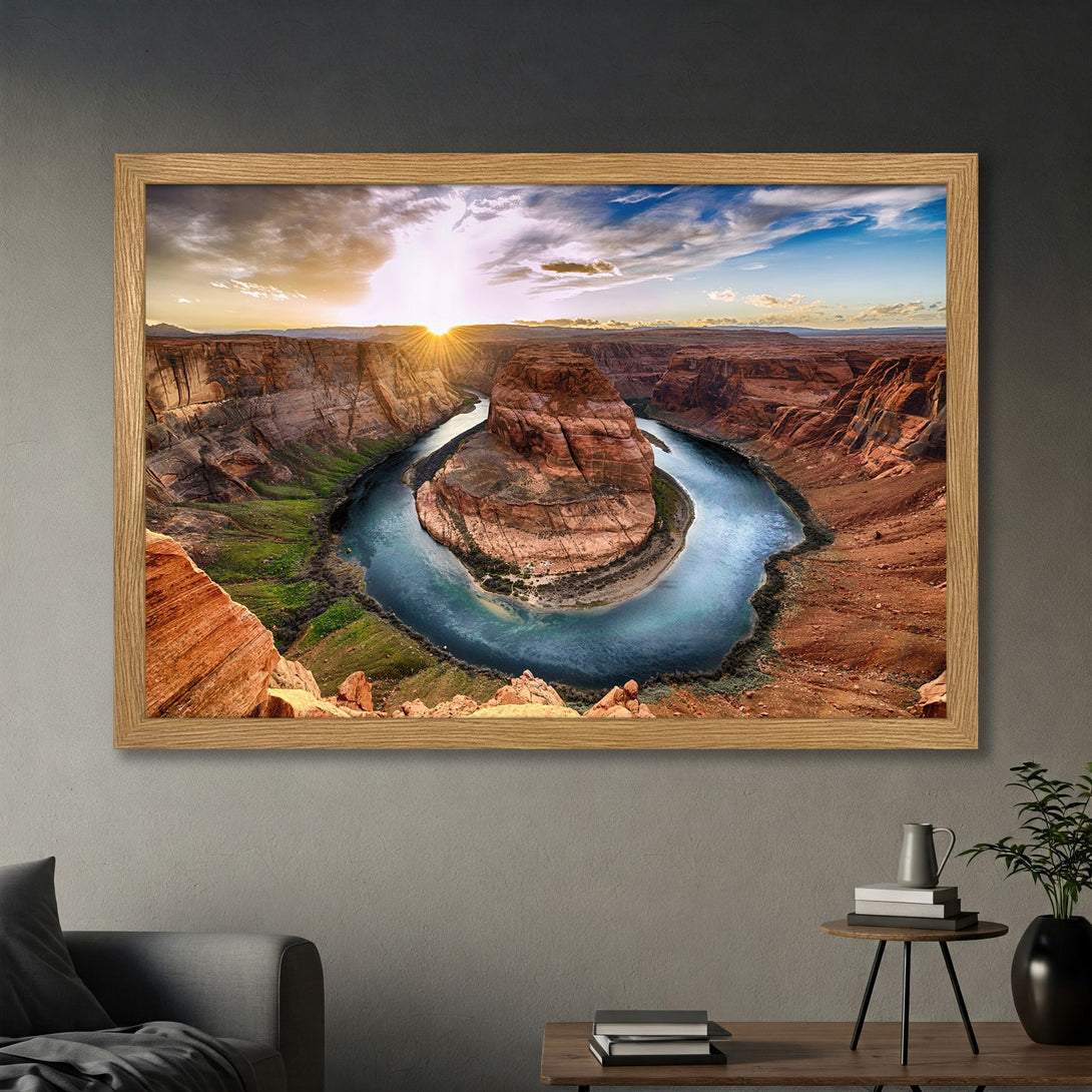 Framed Poster of Horseshoe Bend at sunset. Desert landscape art with warm orange, blue, and gold tones. Perfect wall decor.