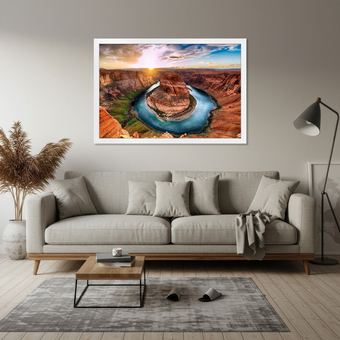 Framed Poster of Horseshoe Bend landscape art, featuring vibrant red and blue hues, perfect for adding a touch of nature to your home.