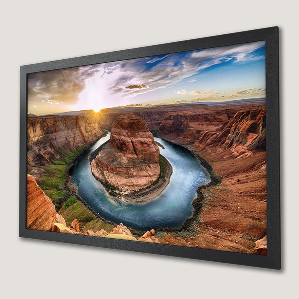 Framed Poster of Horseshoe Bend at sunset. Landscape photography with warm earth tones and blue water. Add this stunning art to your home!