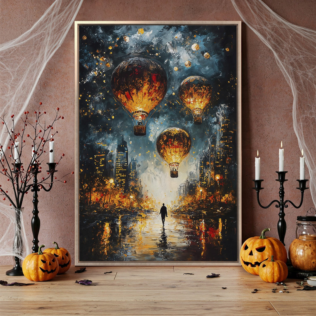 Framed Wall Art featuring a dramatic cityscape with hot air balloons, a lone figure, and a moody, dark, and warm color palette. Perfect for Halloween decor!