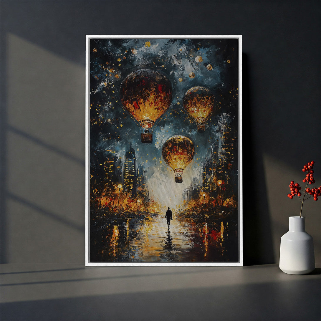 Framed Wall Art: Cityscape Canvas Print with hot air balloons, a lone figure, and a warm, moody color palette. Perfect for home decor!