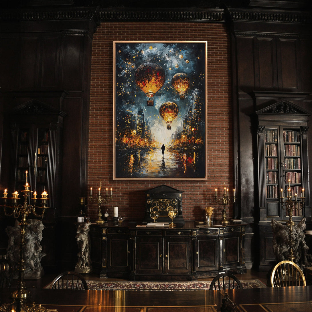 Framed Wall Art: Dramatic painting of hot air balloons over a city, in a moody, dark blue, orange, and gold palette. Perfect for adding artistic flair.
