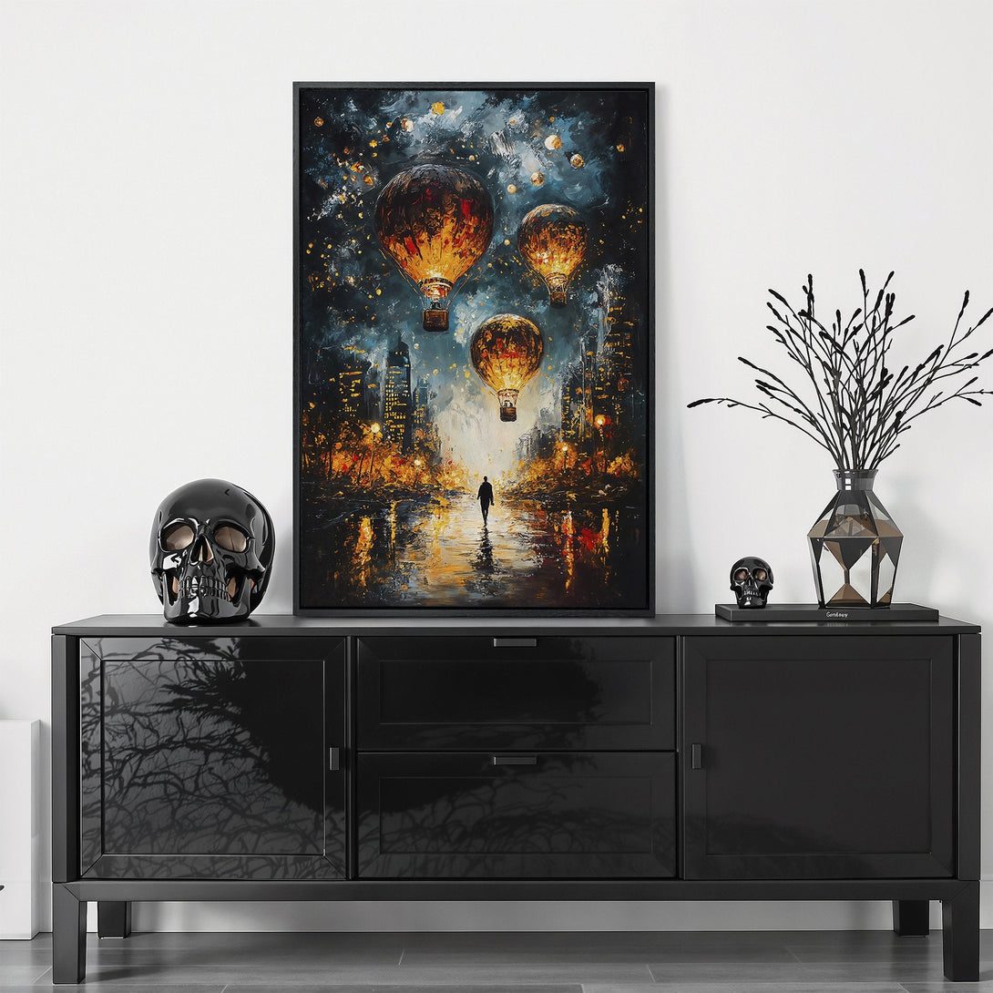 Framed Wall Art featuring hot air balloons over a city at night. Dramatic, impressionistic style with a warm, golden color palette. Elevate your home decor!