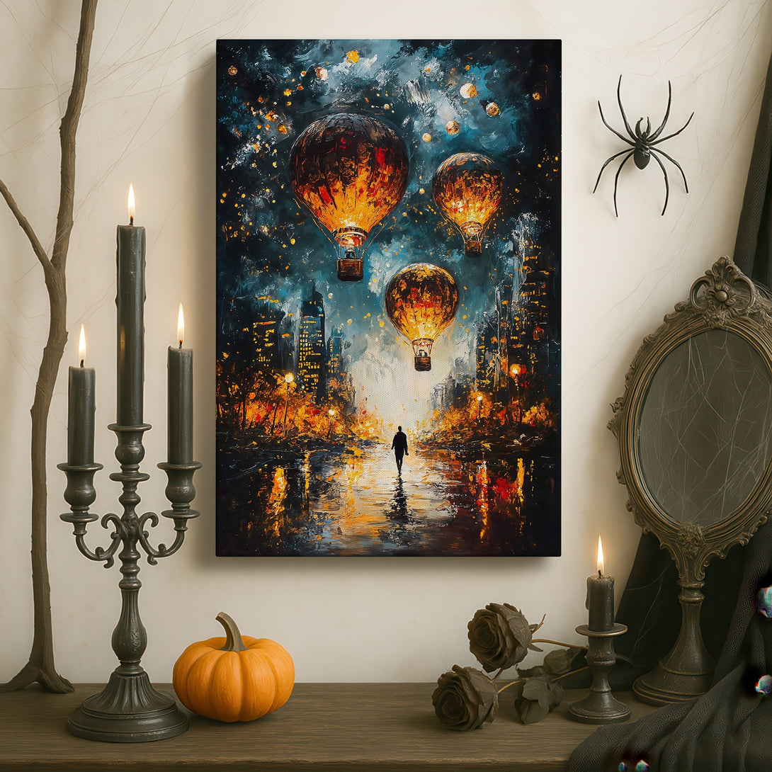 Framed Wall Art featuring hot air balloons over a city, in a dramatic, painterly style with a dark blue and golden color palette.