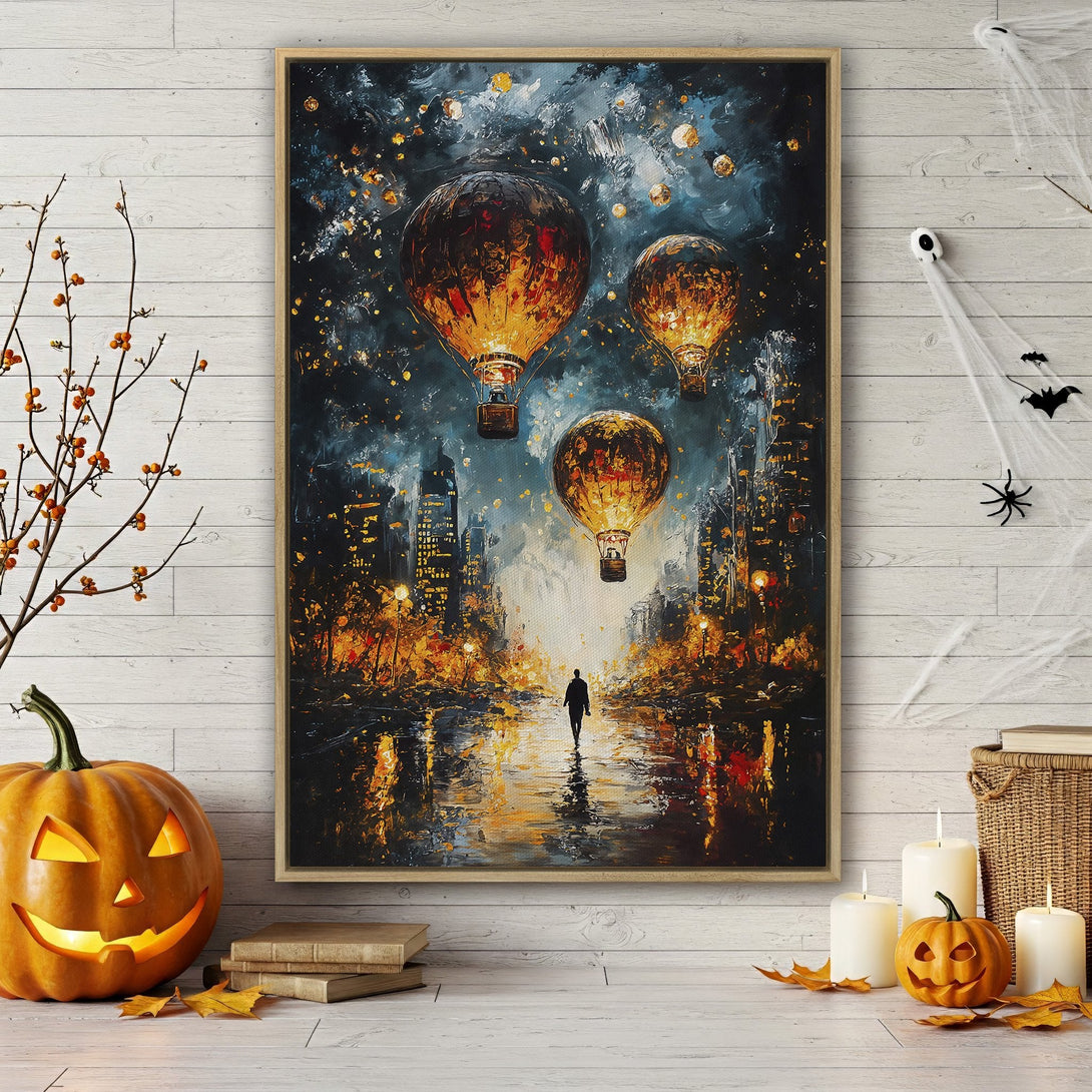 Framed Wall Art: Atmospheric cityscape canvas print with hot air balloons, rich blues, oranges, and yellows. Perfect for Halloween decor.
