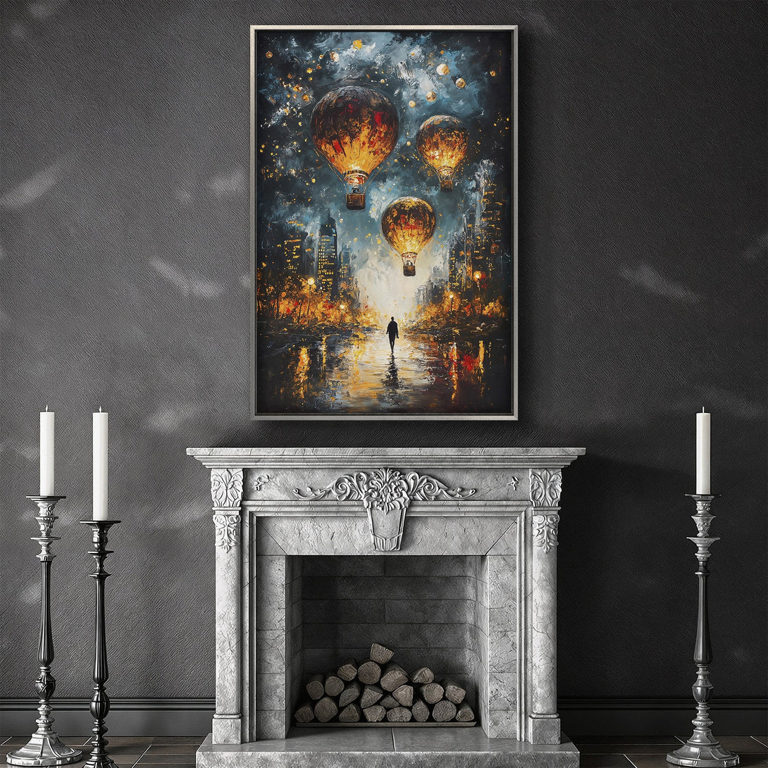 Framed Wall Art featuring hot air balloons over a city. Impressionistic style with a warm, golden and blue color palette. Perfect for home decor.