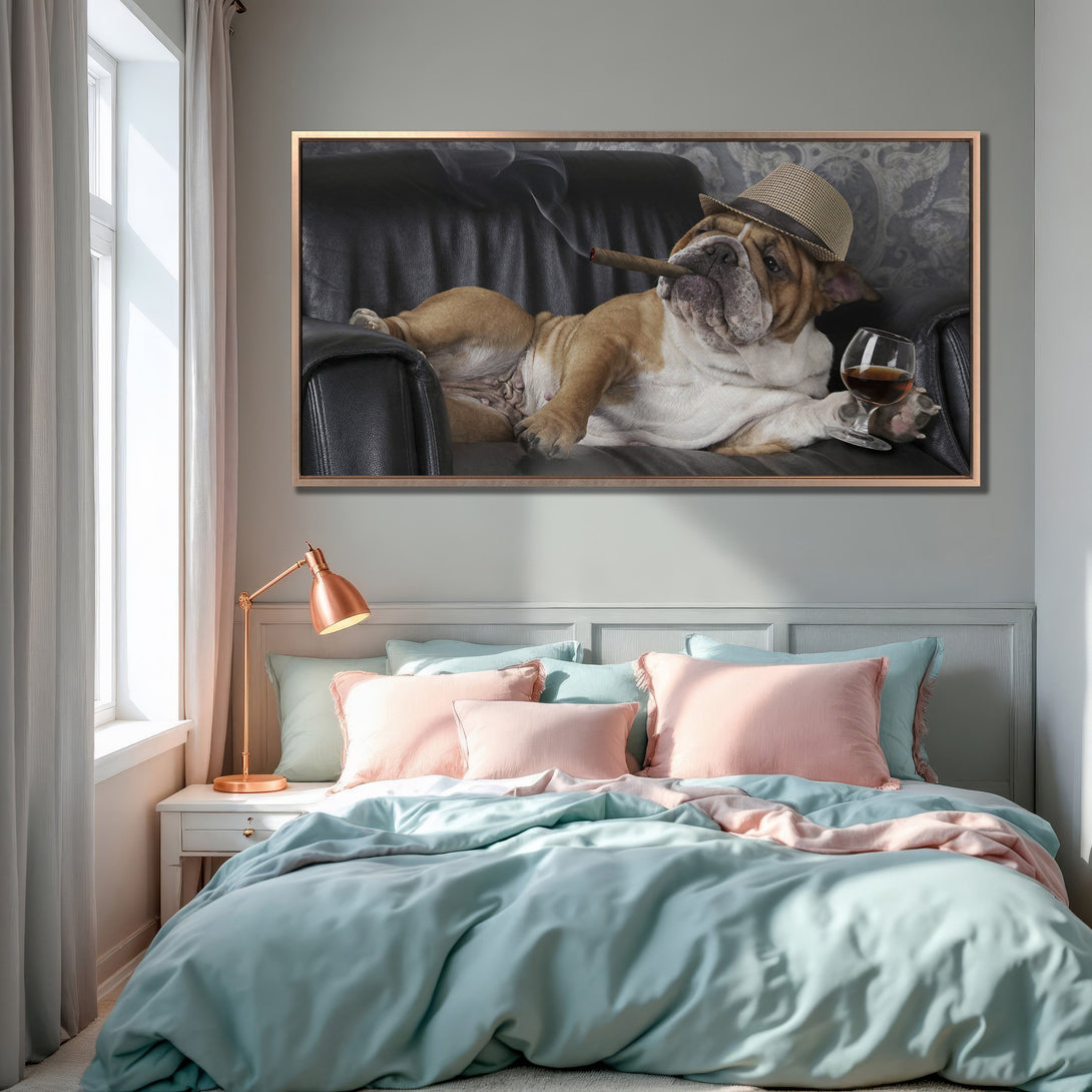 Framed Wall Art: Bulldog in a hat enjoying a cigar and drink, displayed in a bedroom. Stylish, funny artwork with a neutral and pastel color palette.