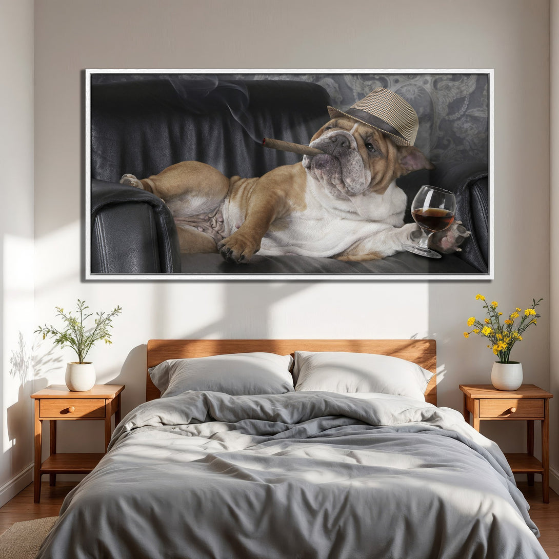 Framed Wall Art: Bulldog enjoying a cigar & drink, humorous illustration in a bedroom. Neutral tones with a pop of color.