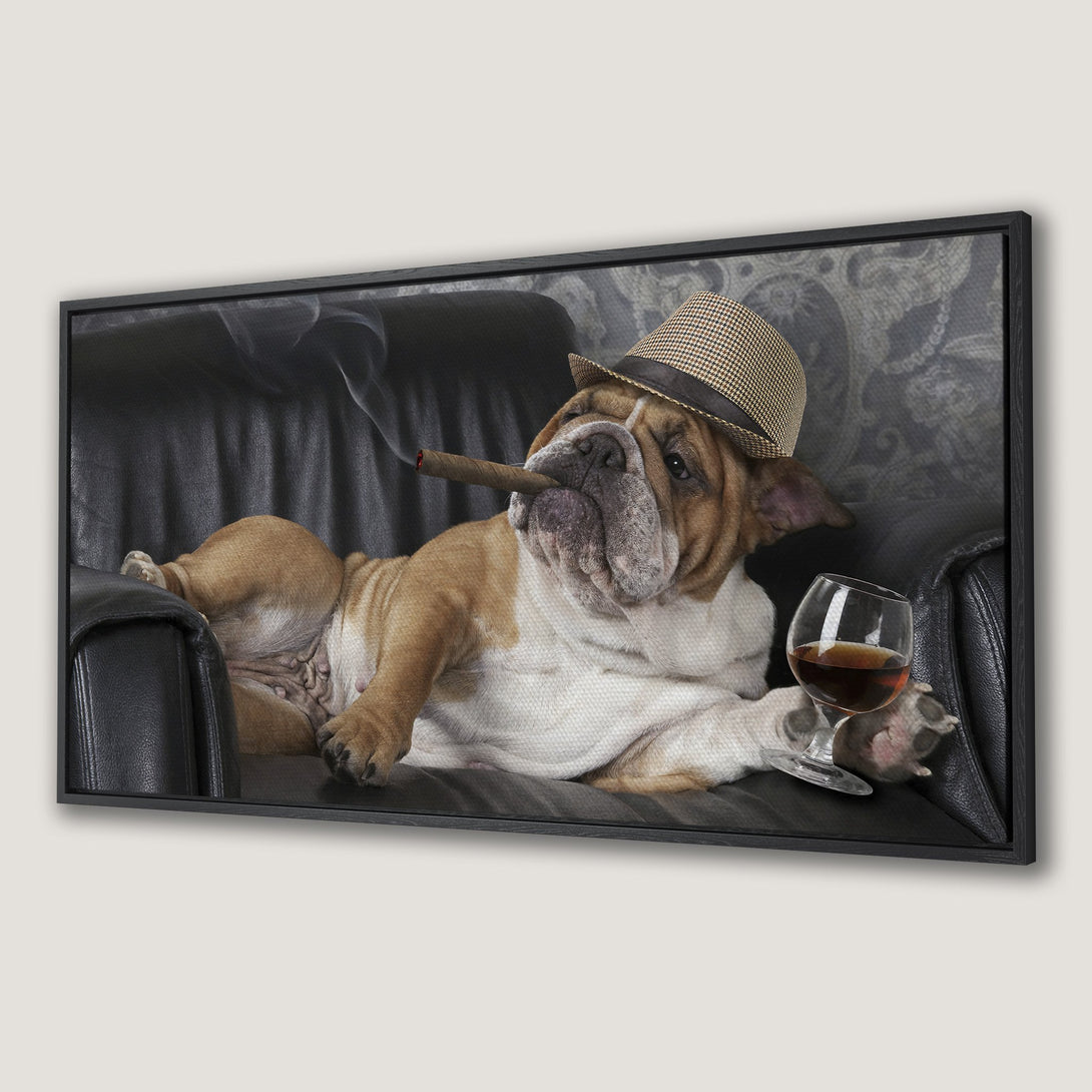 Framed Wall Art: Cool bulldog in a hat, enjoying a cigar and drink. Humorous art with a neutral color palette. Perfect for adding style to any room.