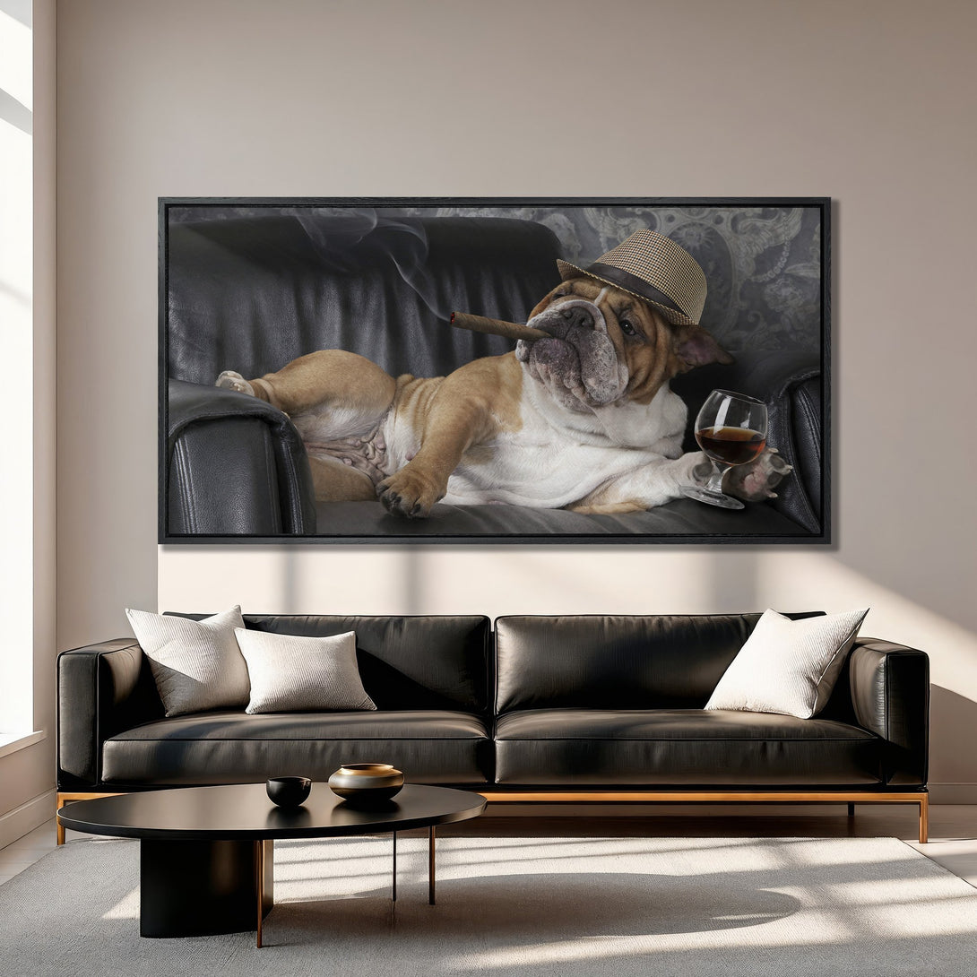 Framed Wall Art: Bulldog enjoying a cigar & drink. Modern, humorous art in neutral & black tones. Perfect for a stylish home!