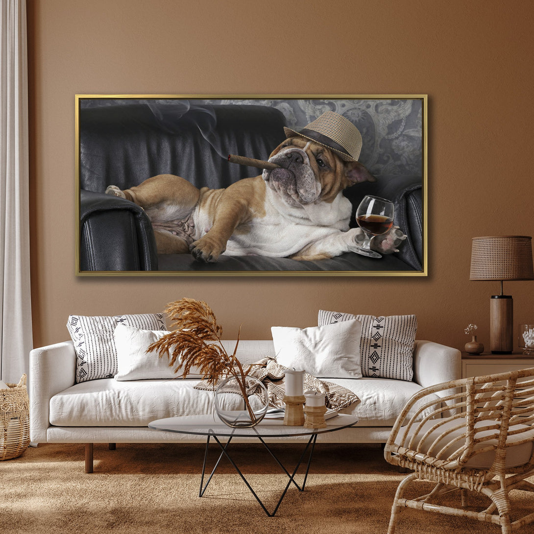 Canvas Print of a dapper bulldog enjoying a cigar and drink, in a humorous style. Warm brown and black color palette.