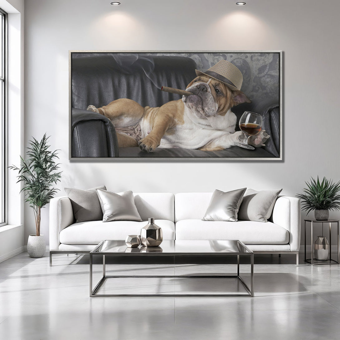 Framed Wall Art: Bulldog relaxing with cigar & drink. Neutral color palette, modern interior decor. Unique canvas print for home or office.