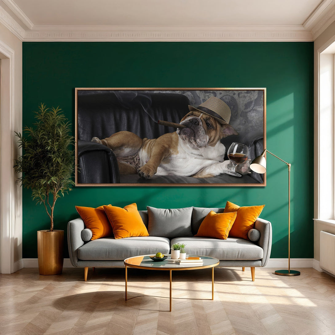 Framed Wall Art featuring a bulldog in a hat, cigar, and wine glass. Rich green, orange, and gray color palette. Perfect for adding a touch of luxury.