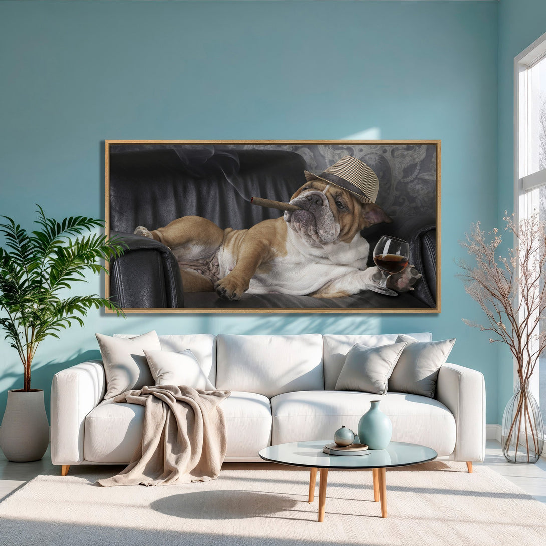 Framed Wall Art: Bulldog enjoying a cigar. Humorous, stylish print with a neutral and blue color palette, perfect for adding personality to your space.