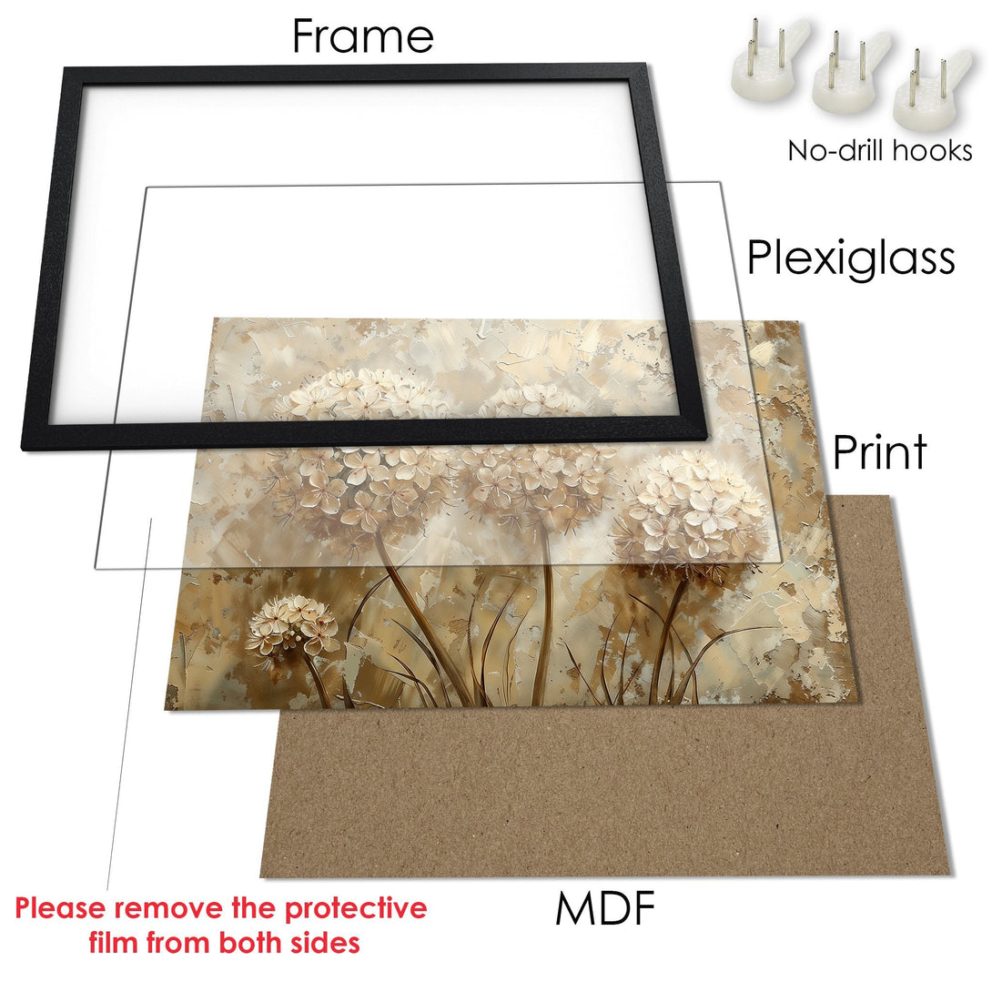 Framed Poster featuring floral art in a neutral color palette. Modern, textured style. Perfect wall decor for any room!