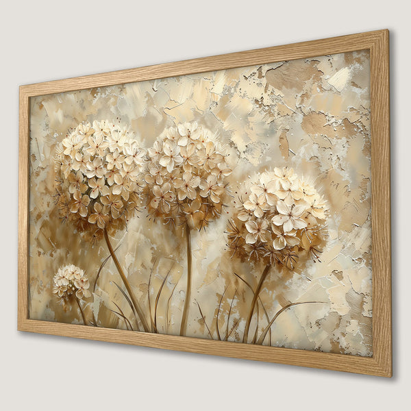 Framed Poster featuring abstract dandelions in neutral beige and brown tones, perfect for modern decor.