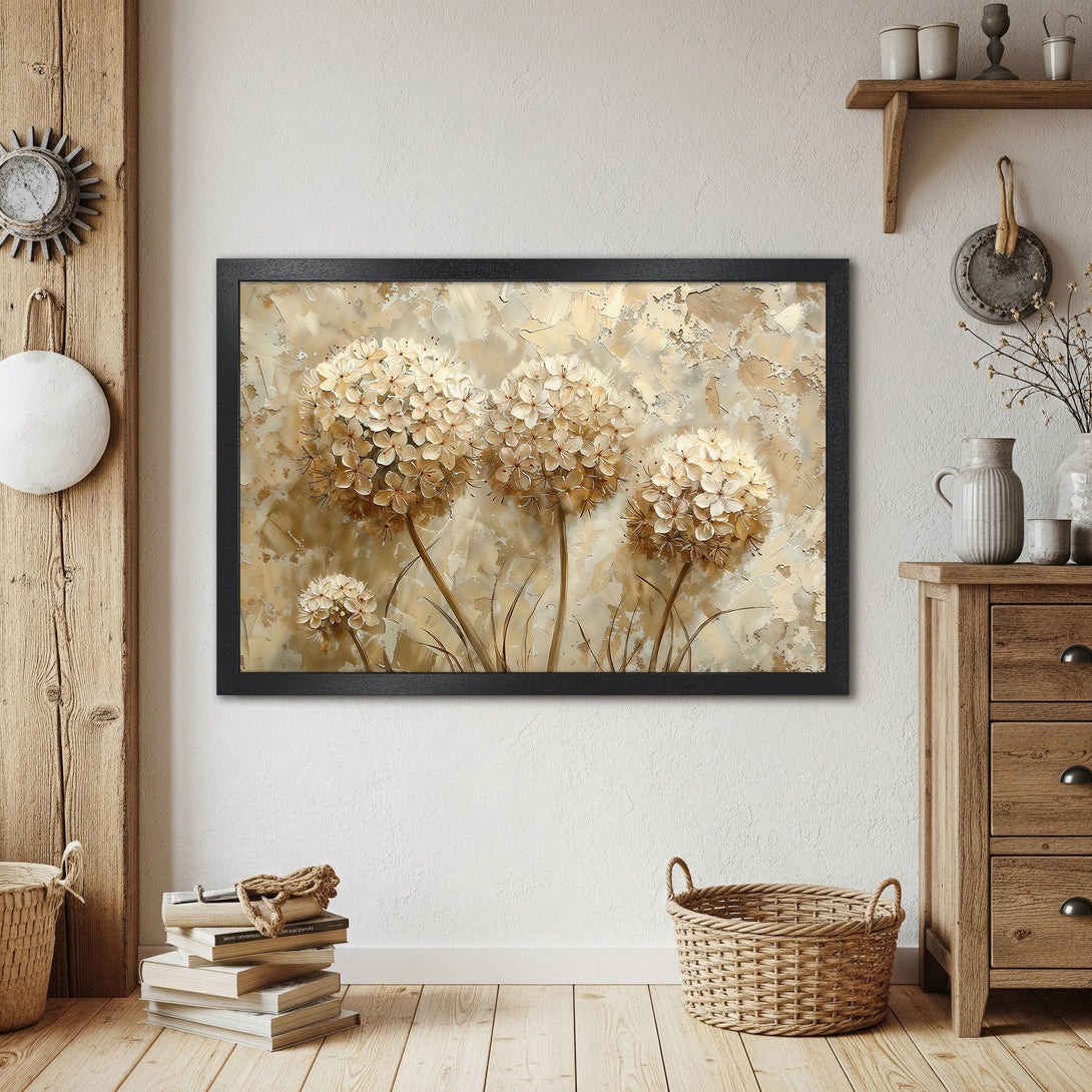 Framed Poster featuring abstract floral art in neutral beige and brown tones, perfect for home decor.