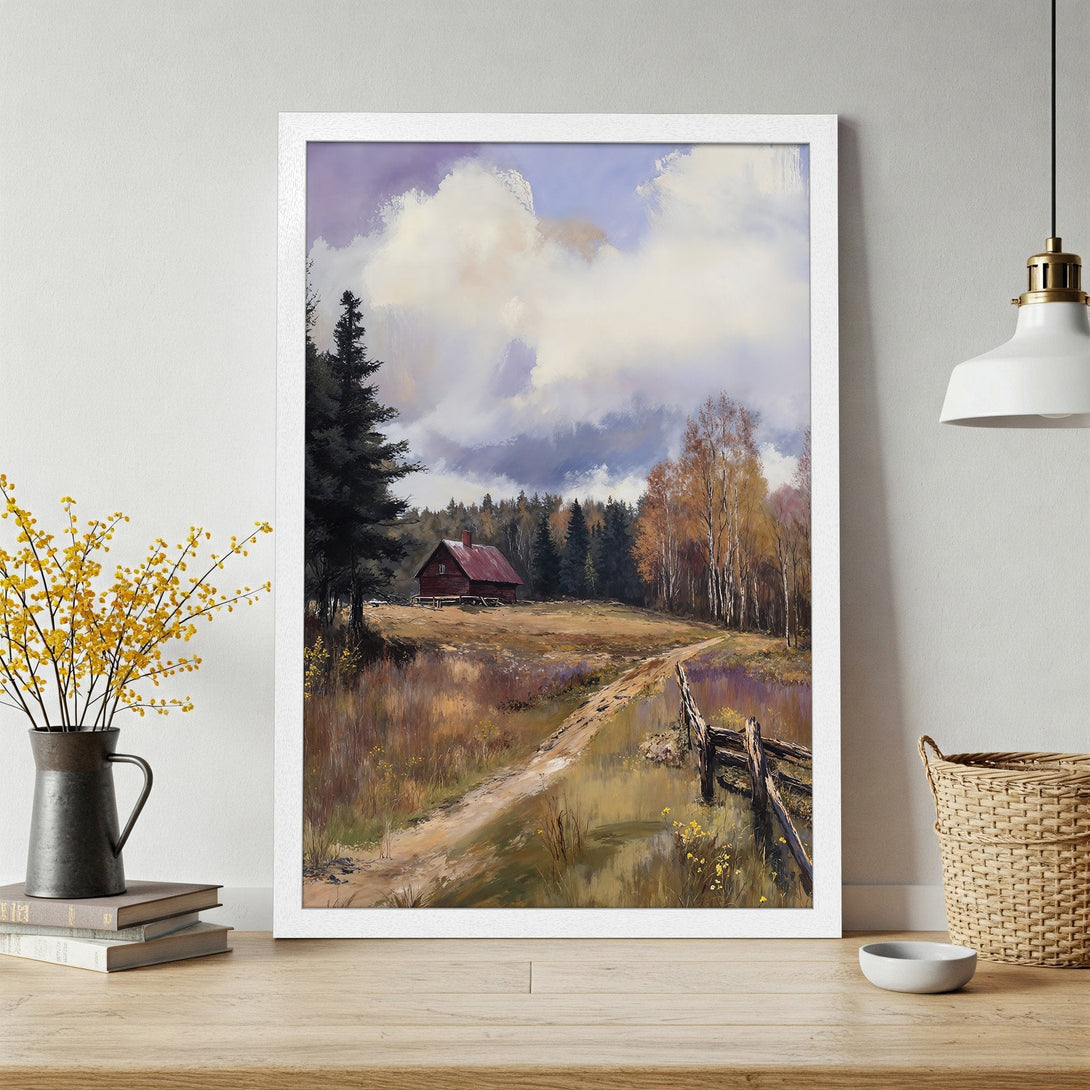 Framed Poster of a serene landscape painting with a cabin, featuring a warm color palette and impressionistic style. Perfect wall art for your home.