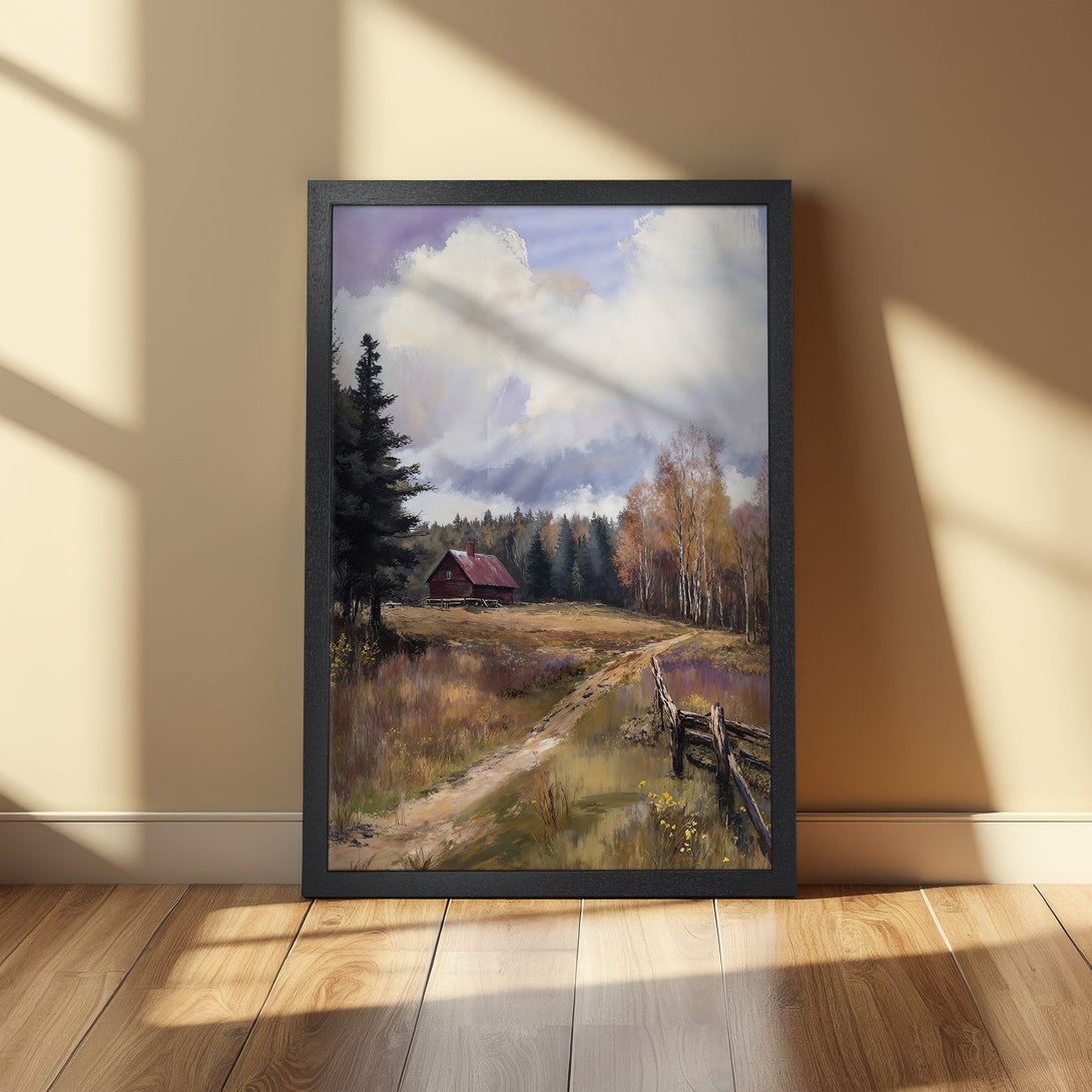 Framed Poster of a rustic landscape painting with a red cabin. Earthy tones and a painterly style create a cozy, inviting feel.