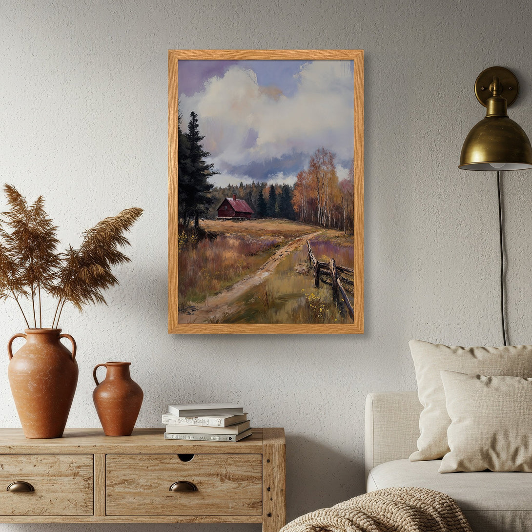 Framed Poster of a rural landscape painting in warm earth tones, featuring a red barn and a cloudy sky. Perfect wall art!